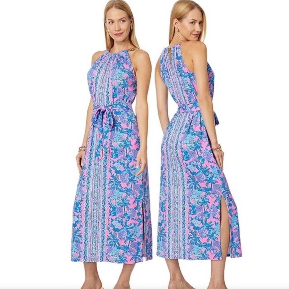 Lilly Pulitzer Bingham Chain Halter Midi‎ Dress Soleil Pink Palm Paradise NWOT